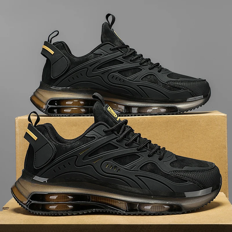Side profile of AirTech unisex running sneakers in black, showcasing the breathable upper and durable sole for athletes.