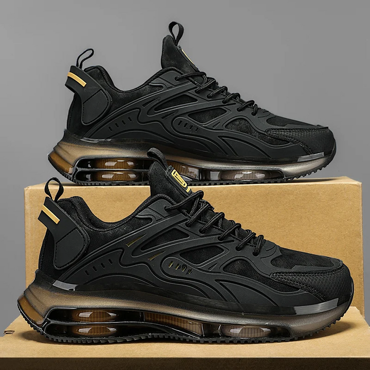Side profile of AirTech unisex running sneakers in black, showcasing the breathable upper and durable sole for athletes.