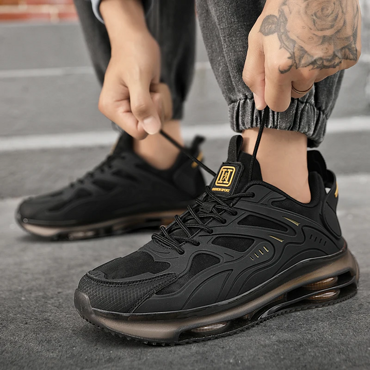 Front view of AirTech performance footwear, highlighting lightweight design and advanced shock-absorbing technology for runners.