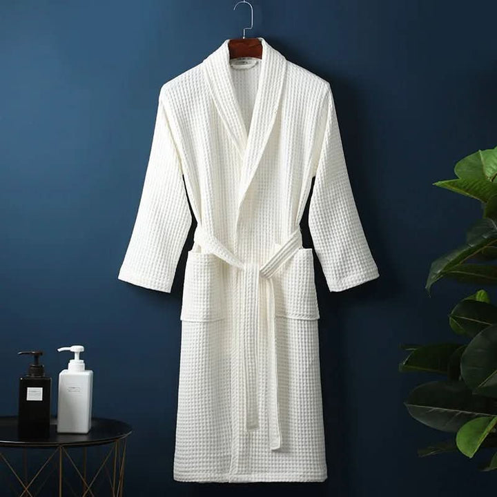 Unisex AirWeave waffle bathrobe, white, perfect for spa comfort and home relaxation.