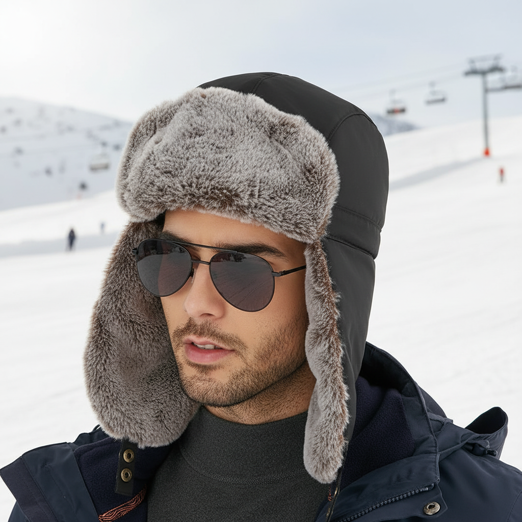 Unisex AlpineFleece winter hat with ear flaps, fleece-lined, ideal for cold weather