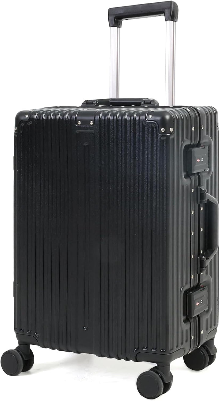 Unisex aluminum frame carry-on luggage with TSA lock and spinner wheels, front view
