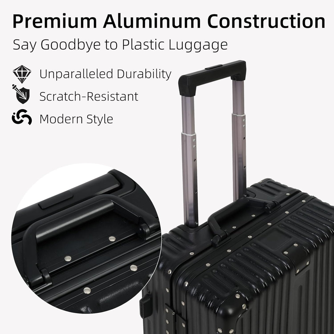 Sleek black aluminum carry-on luggage with TSA lock. Hardside, spinner wheels for easy, secure unisex airport travel.