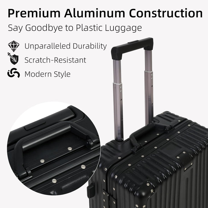 Sleek black aluminum carry-on luggage with TSA lock. Hardside, spinner wheels for easy, secure unisex airport travel.