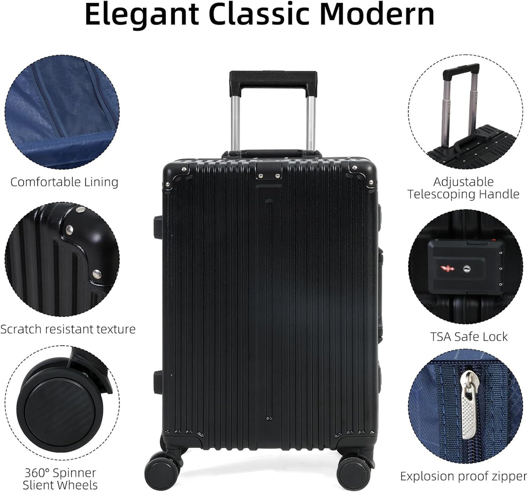 Unisex aluminum frame carry-on luggage open, showing interior compartments
