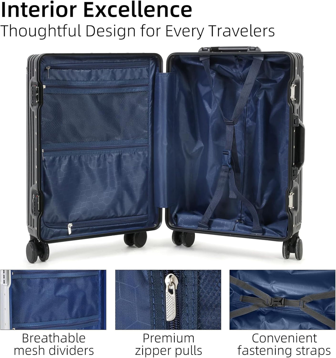Close-up of the textured surface of a silver aluminum carry-on luggage