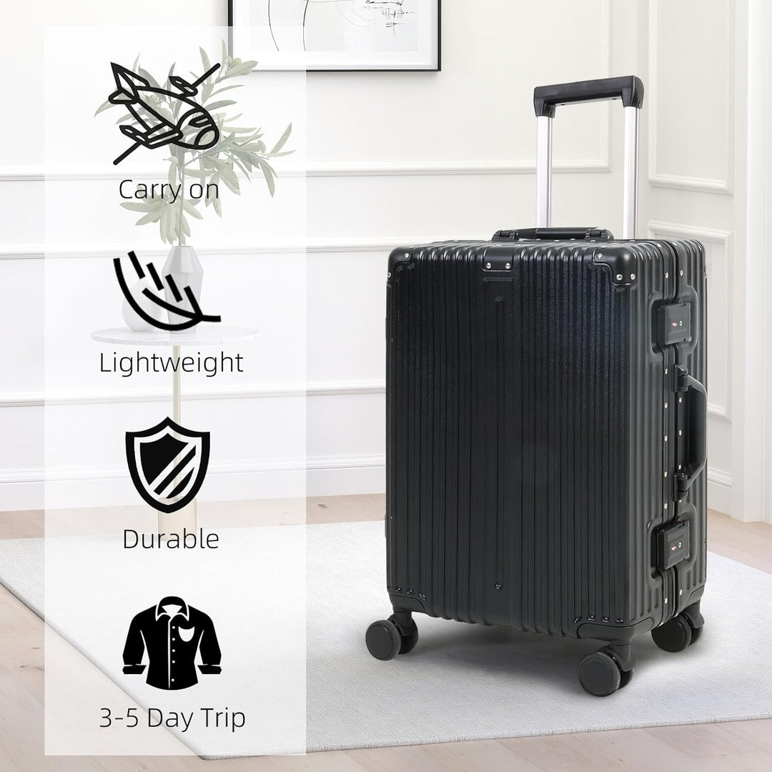 Unisex aluminum carry-on with telescopic handle extended, ready for travel