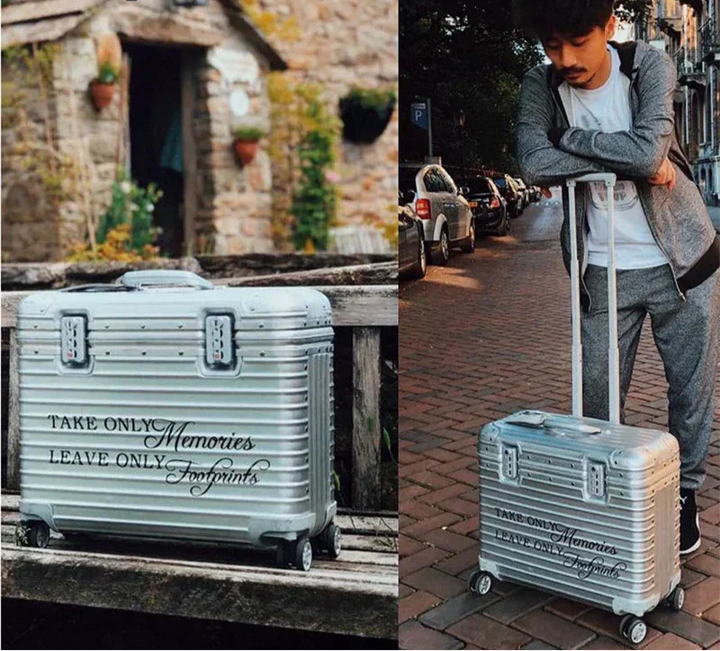 Durable aluminum-magnesium hardshell luggage, silver finish, built for rugged travel. Max protection carry-on.