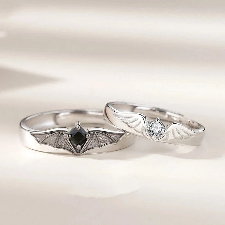 Unisex Angel and Demon couple ring set, symbolic of balance. Adjustable, crystal, nontarnish for lasting wear.