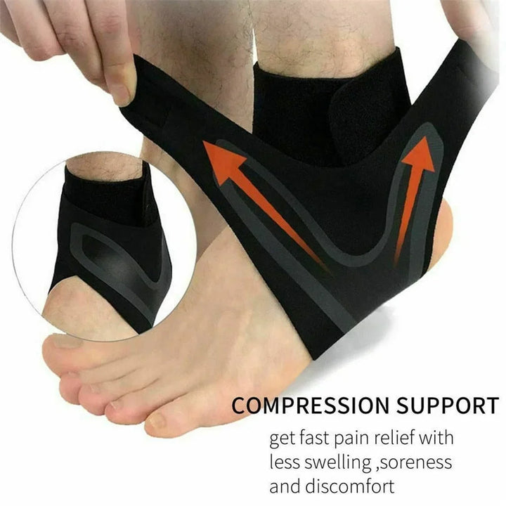 Foot brace: black compression ankle support for sprain recovery & chronic pain relief. Unisex design.