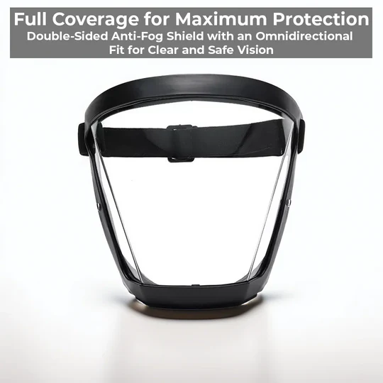 Full face shield with anti-fog clear visor for superior eye & facial protection against dust, splashes, and droplets.