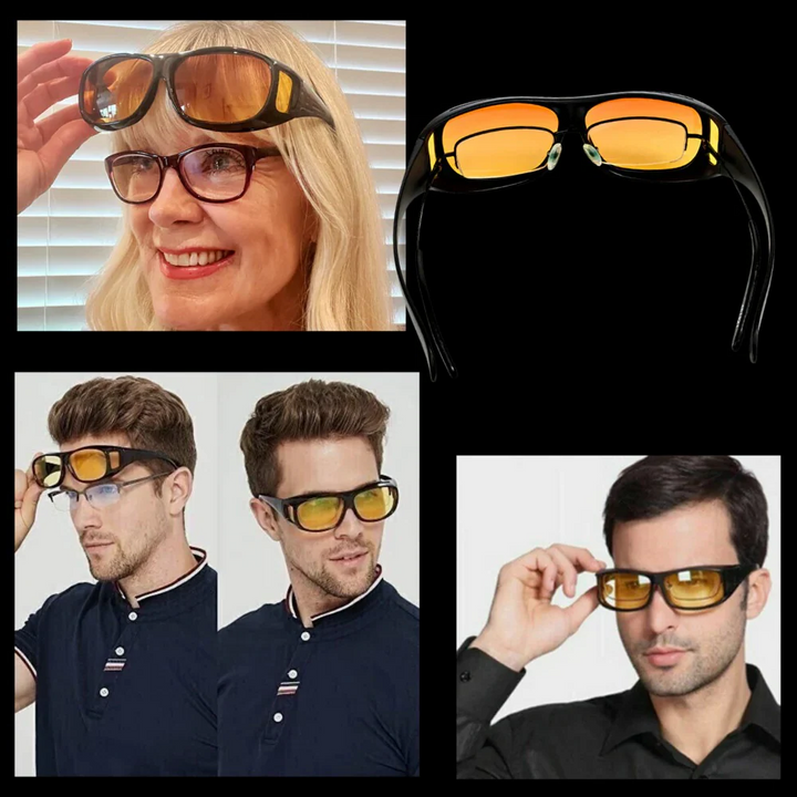 Night vision glasses with yellow polarized lenses for better road visibility in low light.