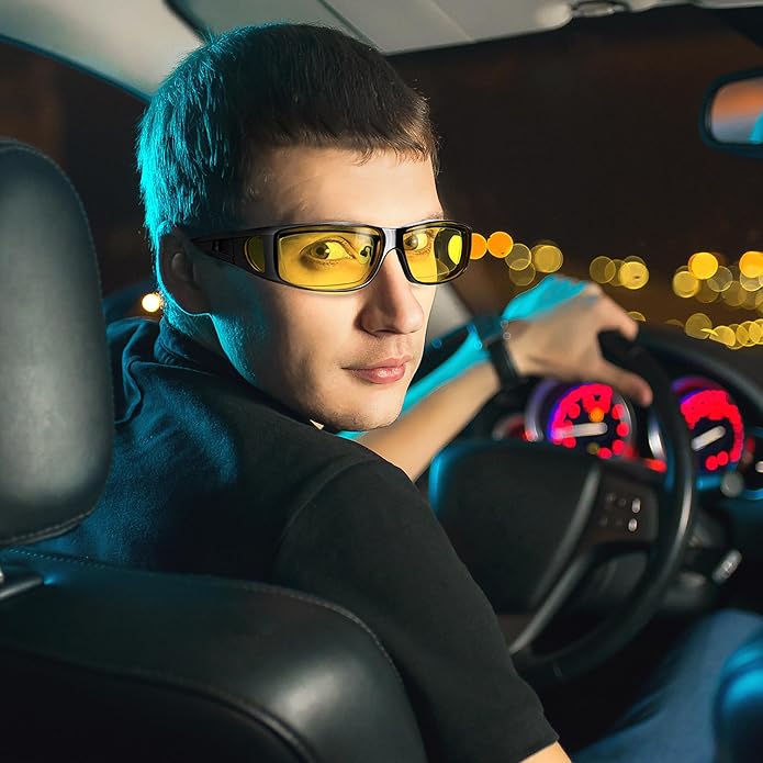 Driving safety with anti-glare polarized night vision glasses, front angle view