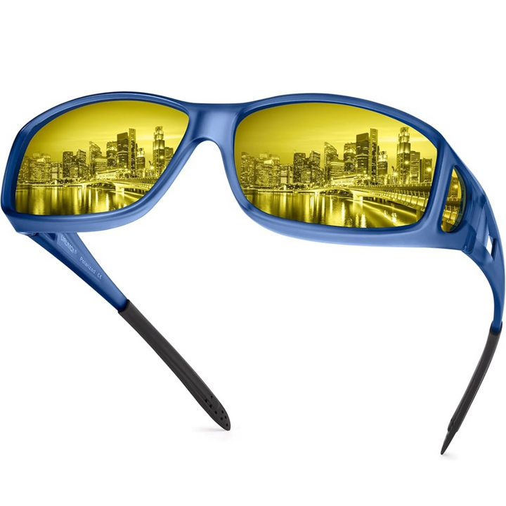 Men's polarized night driving glasses with anti-glare lenses, side temple detail