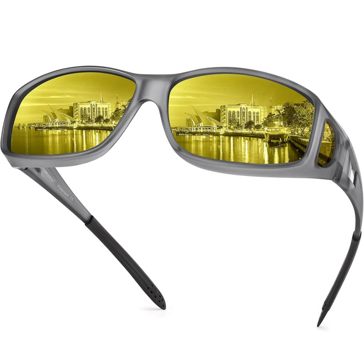 Unisex driving glasses, polarized lenses for reduced glare, shown on a male model