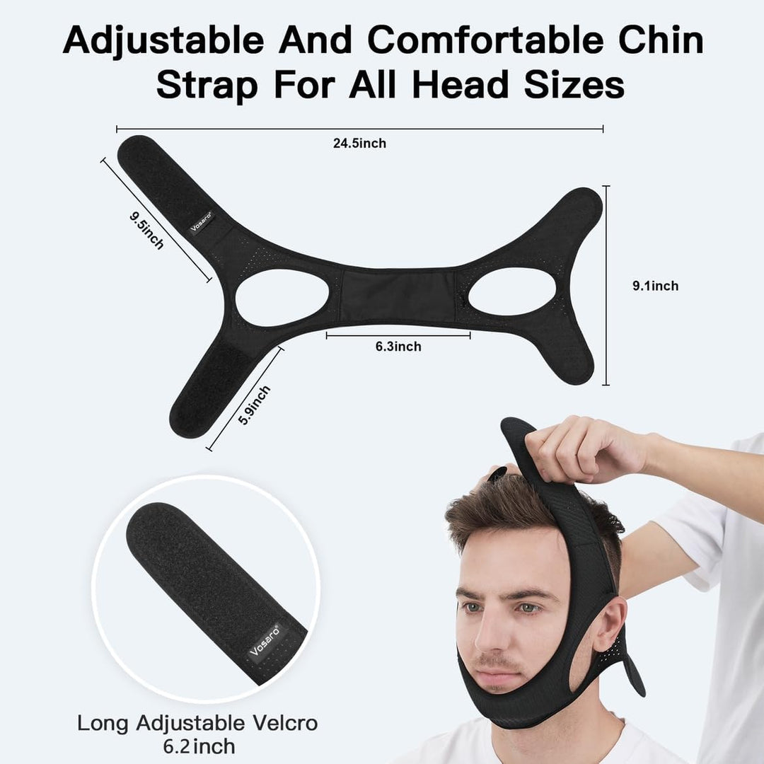 Person wearing a comfortable DreamQuiet anti-snore chin strap for effective snoring solution and peaceful sleep.