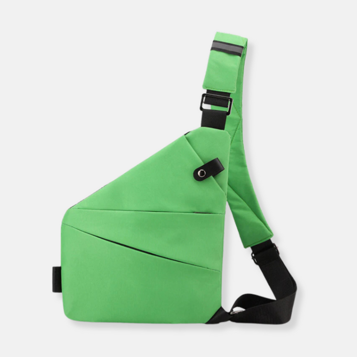 Front view of a black anti-theft sling bag, showcasing its minimalist design & secure features.