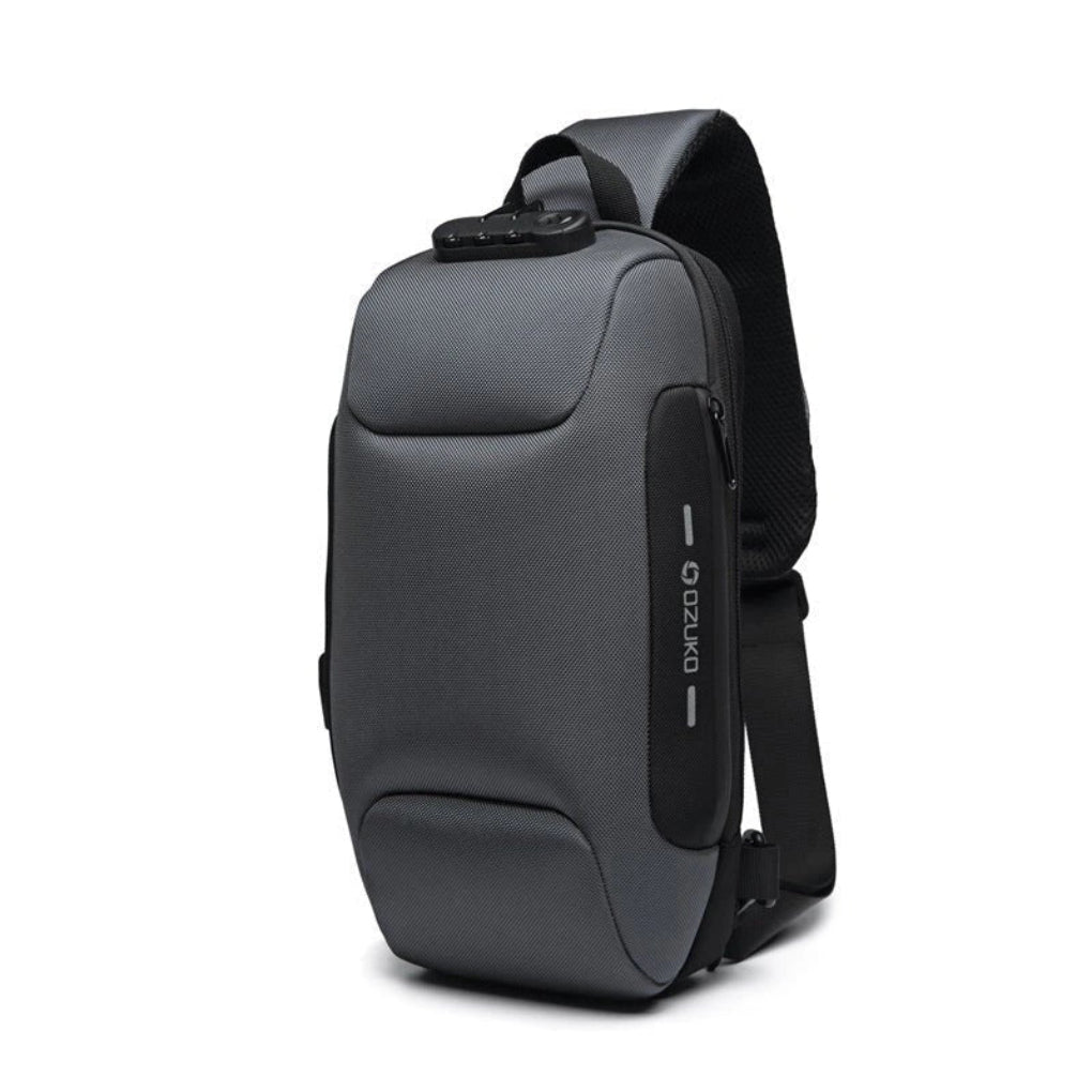 Black crossbody anti-theft sling bag for men & women. Features USB charging port, ideal for tech & travel.