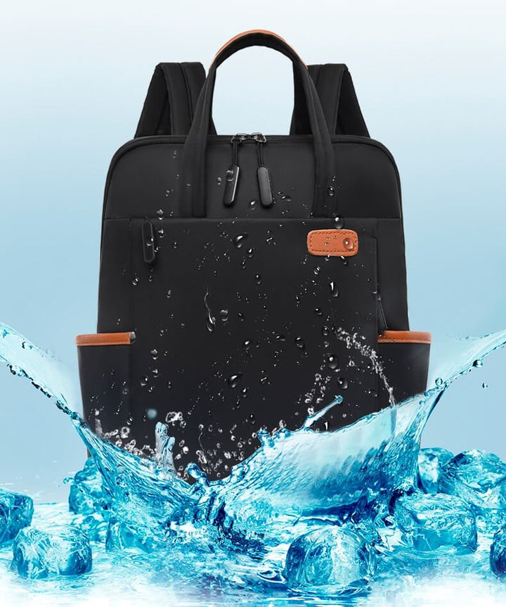 Close-up of water-resistant anti-theft travel backpack, showing secure zippers & Oxford fabric.