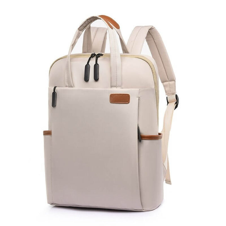 Person using anti-theft travel backpack, water-resistant & secure for urban adventures and daily commute.