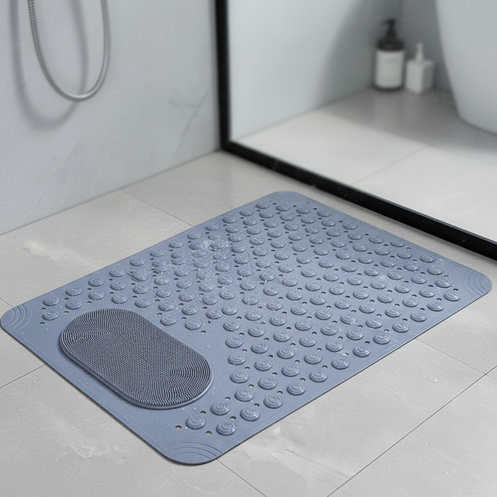 Unisex AquaGripPro non-slip shower mat with foot scrubber, white PVC, for bathroom safety & hygiene