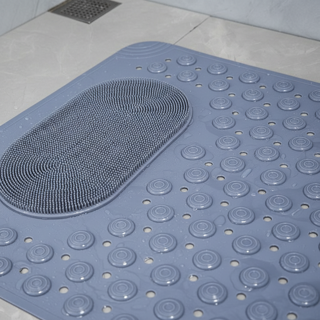 Person's feet using the AquaGripPro non-slip shower mat with built-in foot scrubber for exfoliation