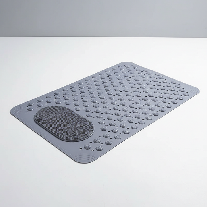 AquaGripPro anti-slip bath mat, rectangular, white PVC, with drainage holes and foot massager