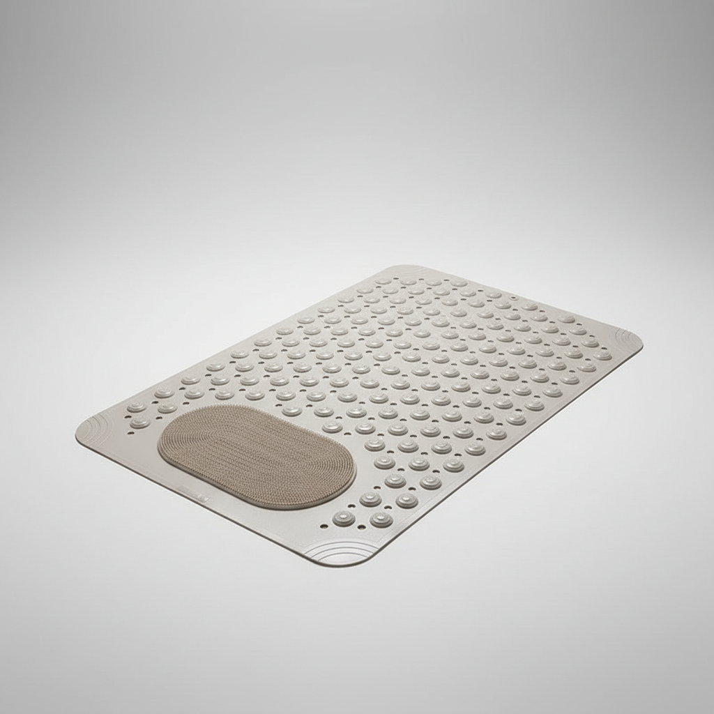 Hygienic non-slip shower mat, AquaGripPro PVC, featuring a foot scrubber for bathroom safety