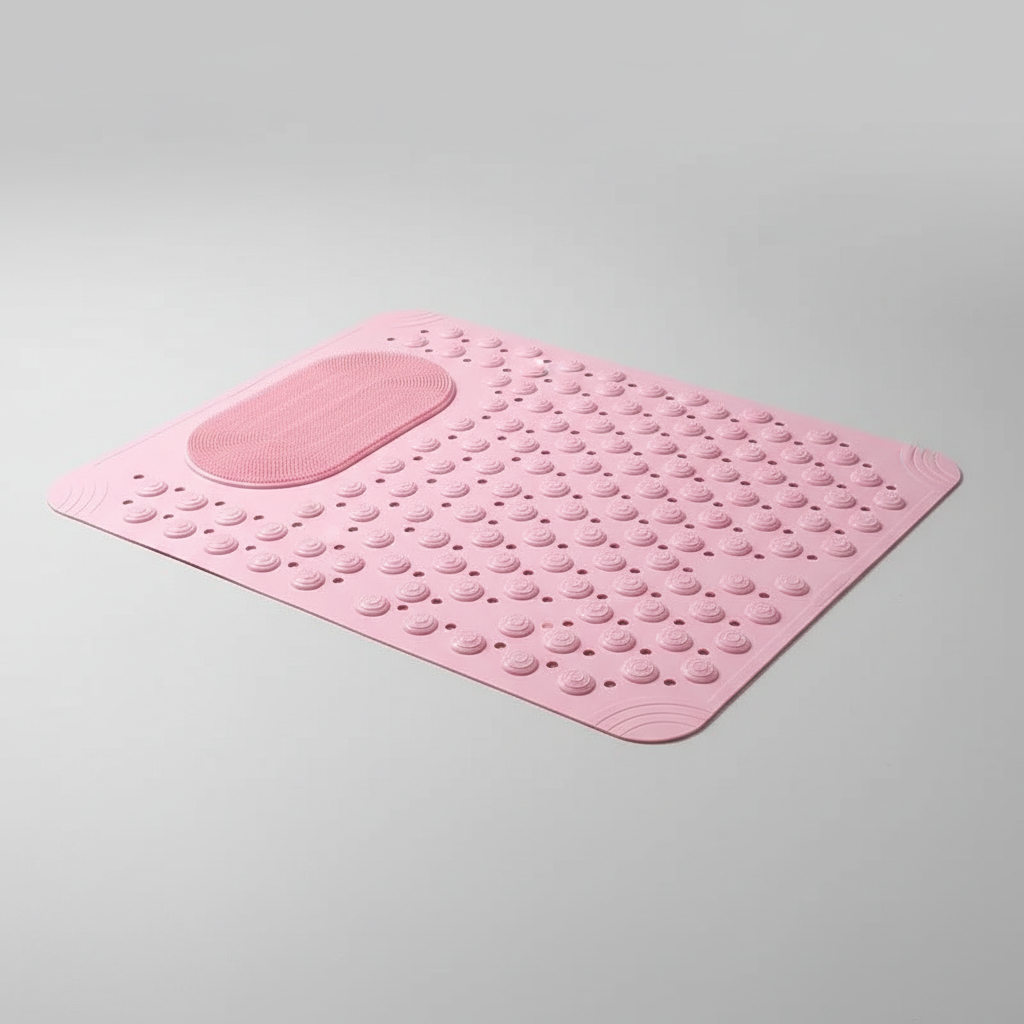 Detail of the integrated foot scrubber bristles on the AquaGripPro non-slip bath mat, enhancing foot care