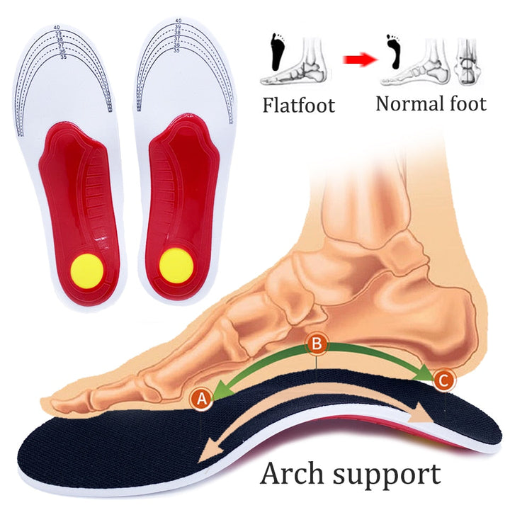 Ergonomic unisex shoe inserts for flat feet. Deep heel cup design provides stability & effective arch support.
