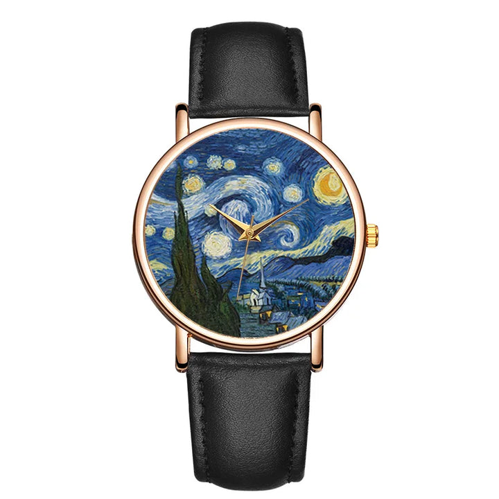 Unisex artistic dial quartz watch with an elegant impressionist design and classic black leather strap.