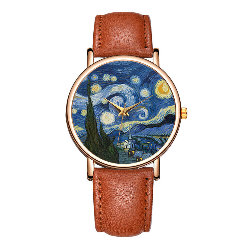 Close-up of an elegant unisex quartz watch featuring a unique artistic dial and premium brown leather strap.