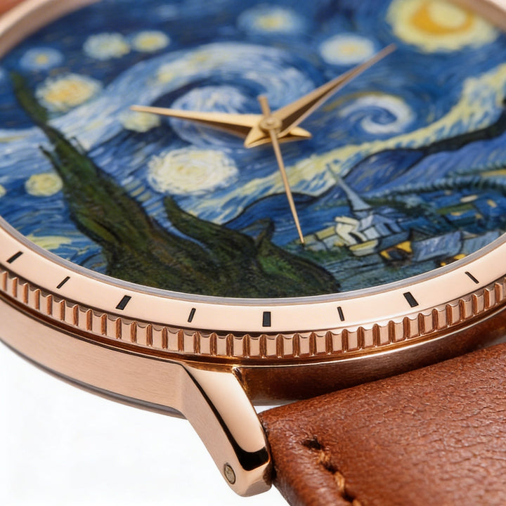 Stylish unisex timepiece with an impressionist art dial, precise quartz movement, and genuine leather strap.