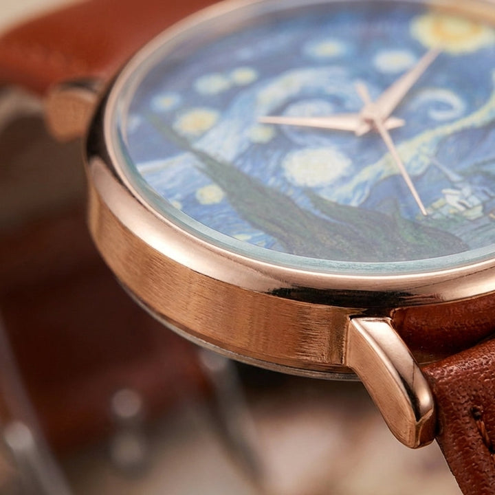 Artistic quartz leather watch for men and women, showcasing a vibrant impressionist dial. Perfect accessory.