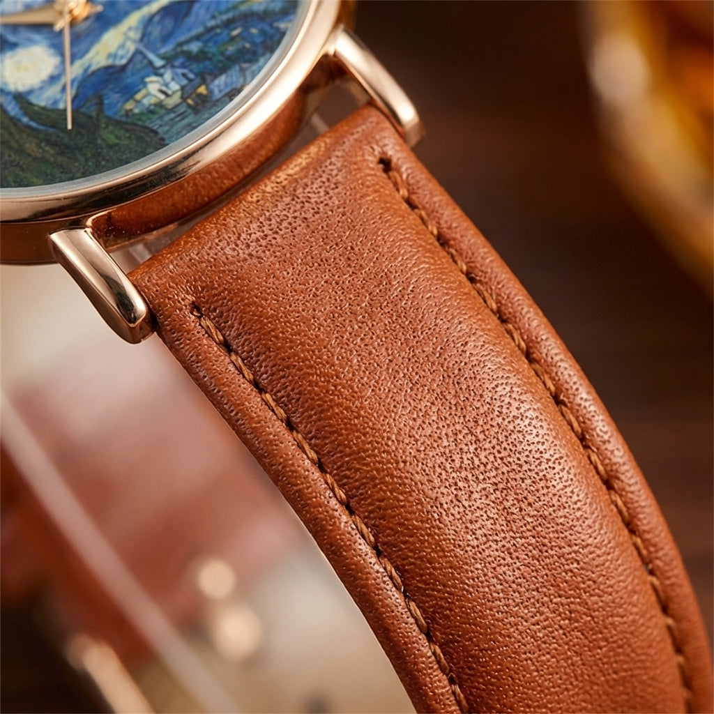 Elegant unisex watch with a distinctive artistic dial, quartz movement, and comfortable leather strap.