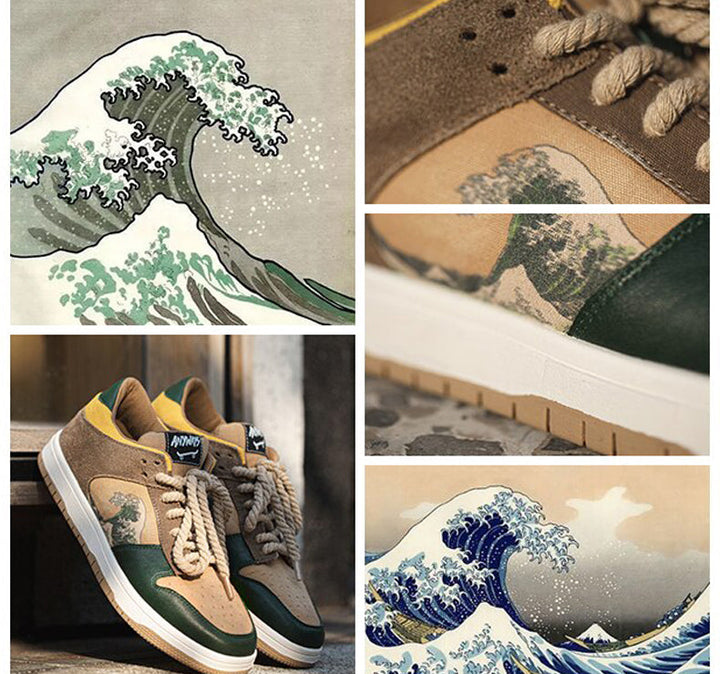Unique artistic platform sneakers for men & women, showcasing a captivating ocean wave art design. Casual fashion.