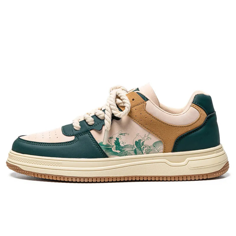 Fashionable unisex comfort sneakers, vibrant artistic print, ideal for stylish everyday wear.