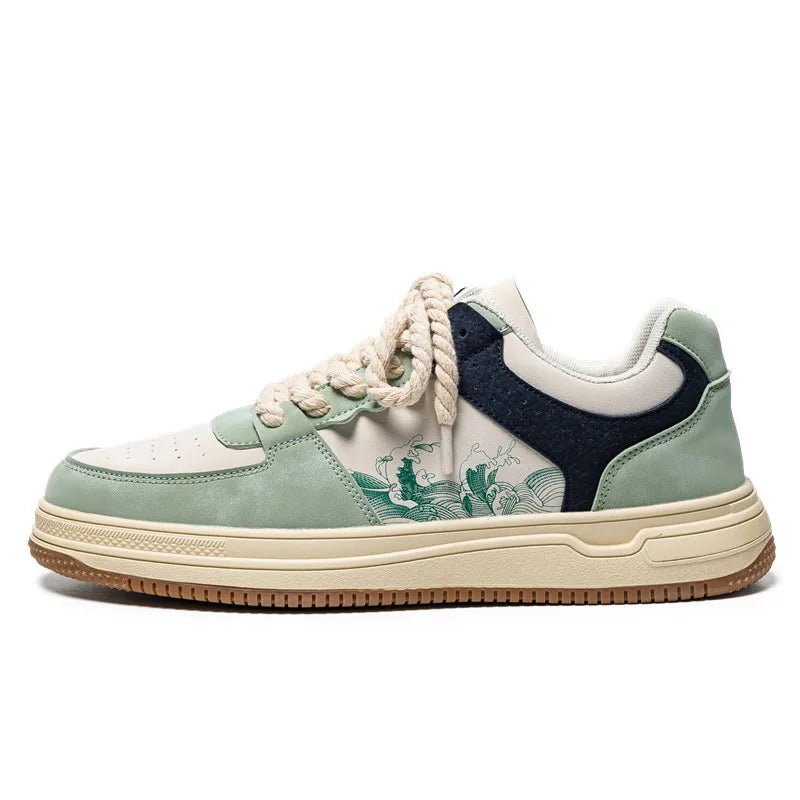 Pair of colorful artistic unisex sneakers with memory foam insoles, designed for ultimate comfort.