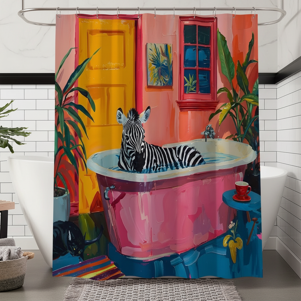 Unisex artistic zebra print shower curtain, black and white, modern bathroom decor, water repellent polyester