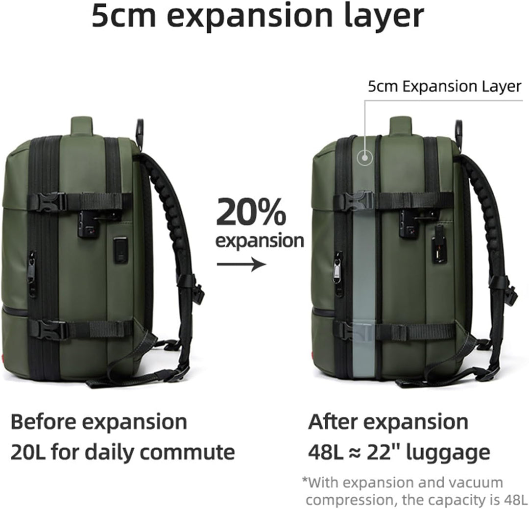 Arvid expandable travel backpack holding a laptop, highlighting its tech-friendly design