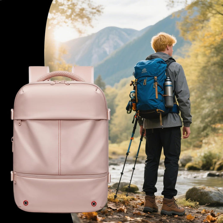 Arvid travel backpack, waterproof, expanded view, showing large capacity for travel gear