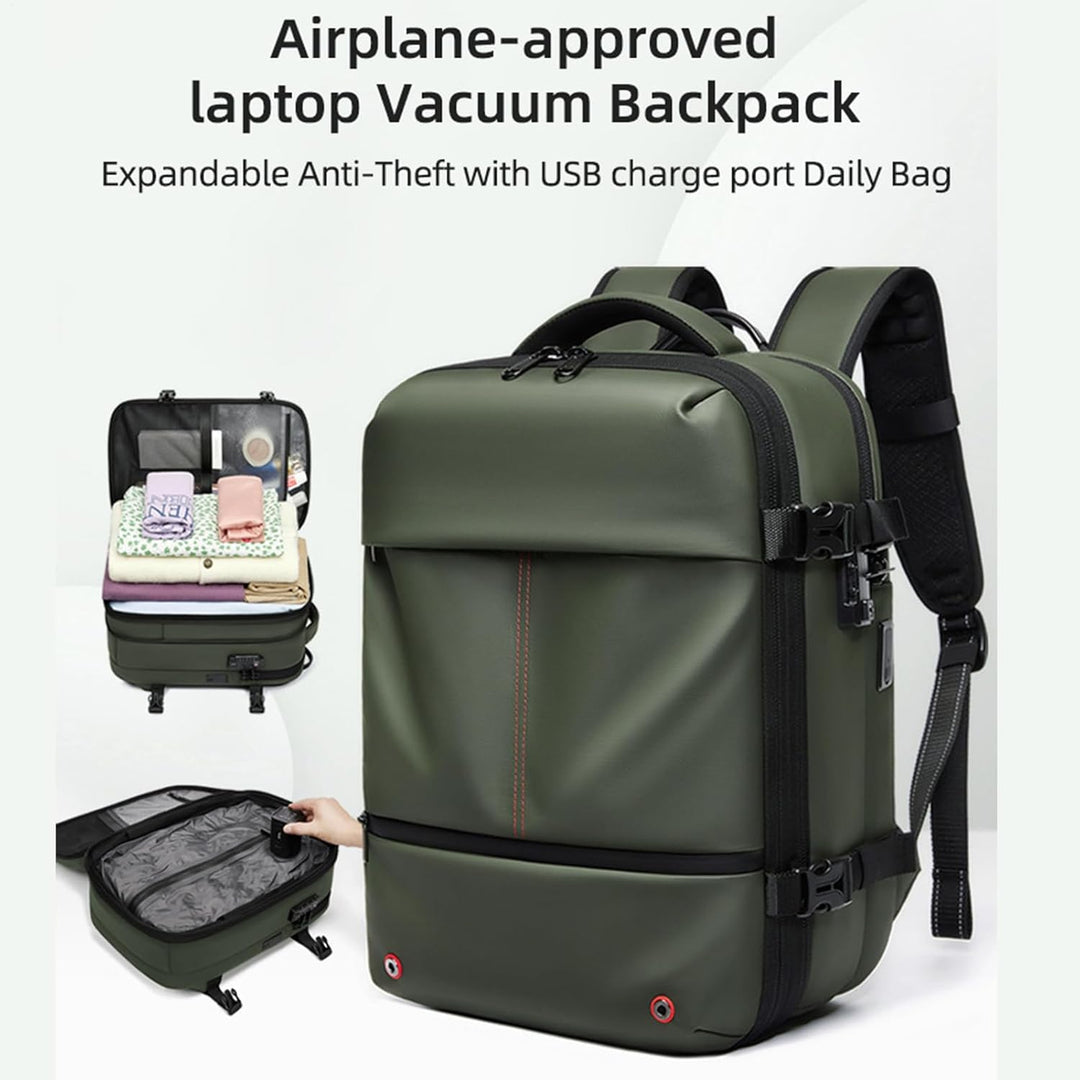 Arvid travel backpack with vacuum compression feature in action, saving space for packing