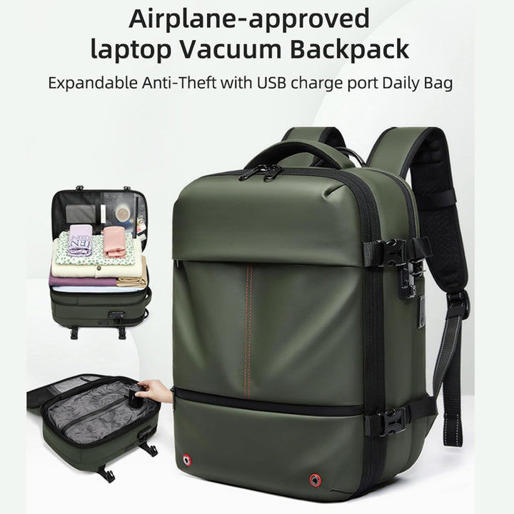 Arvid travel backpack with vacuum compression feature in action, saving space for packing