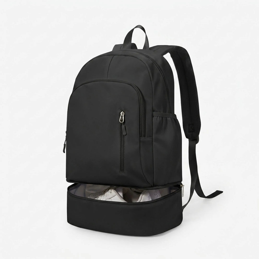 Durable nylon athletic backpack, foldable design. Ideal as a sports bag or travel pack for organized essentials.