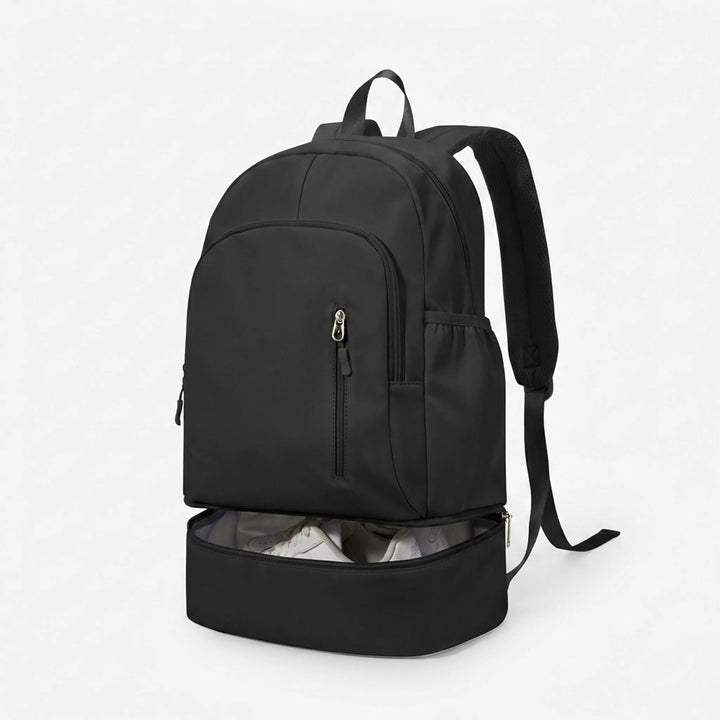 Durable nylon athletic backpack, foldable design. Ideal as a sports bag or travel pack for organized essentials.