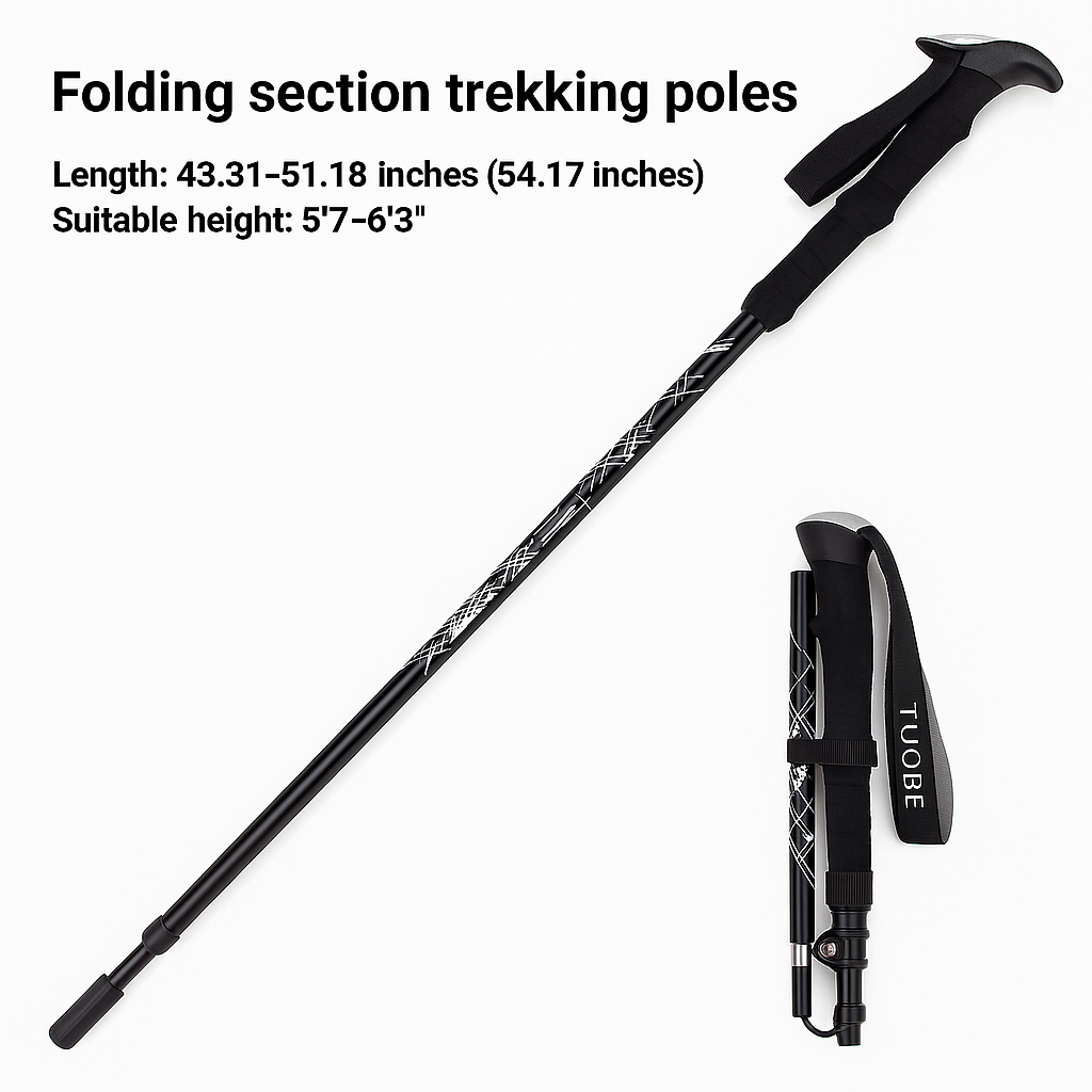 Compact travel cane, automatic folding design for easy portability & adjustable support for elderly users.