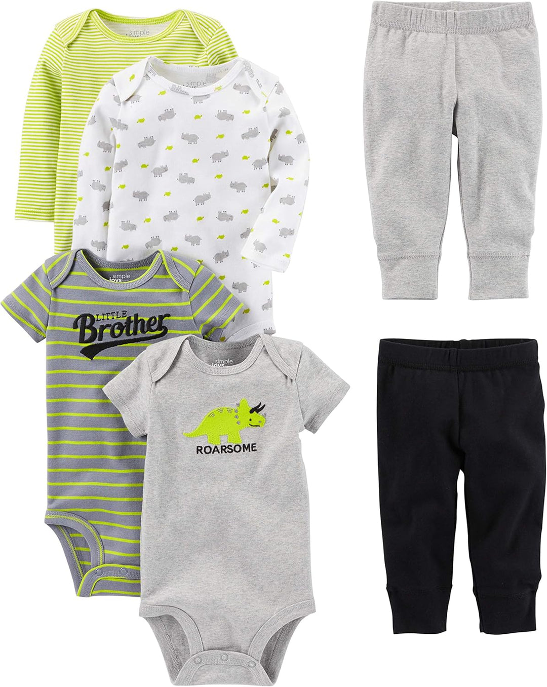 Cute unisex baby clothes set with multiple cotton bodysuits and matching trousers, perfect baby gift.
