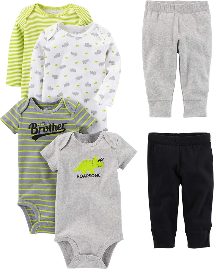 Cute unisex baby clothes set with multiple cotton bodysuits and matching trousers, perfect baby gift.