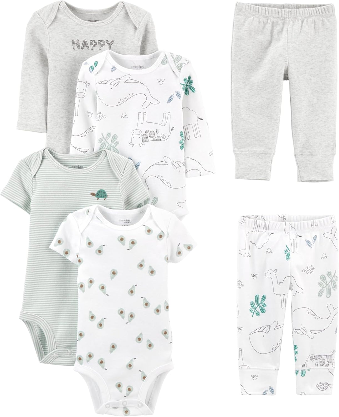 Variety of neutral colored cotton bodysuits from a unisex baby clothing set, essential newborn outfits.