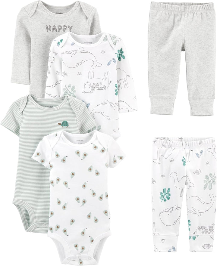 Variety of neutral colored cotton bodysuits from a unisex baby clothing set, essential newborn outfits.
